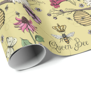 Elegante Muttertags-Königinnenbiene Gelbe Blumen Geschenkpapier