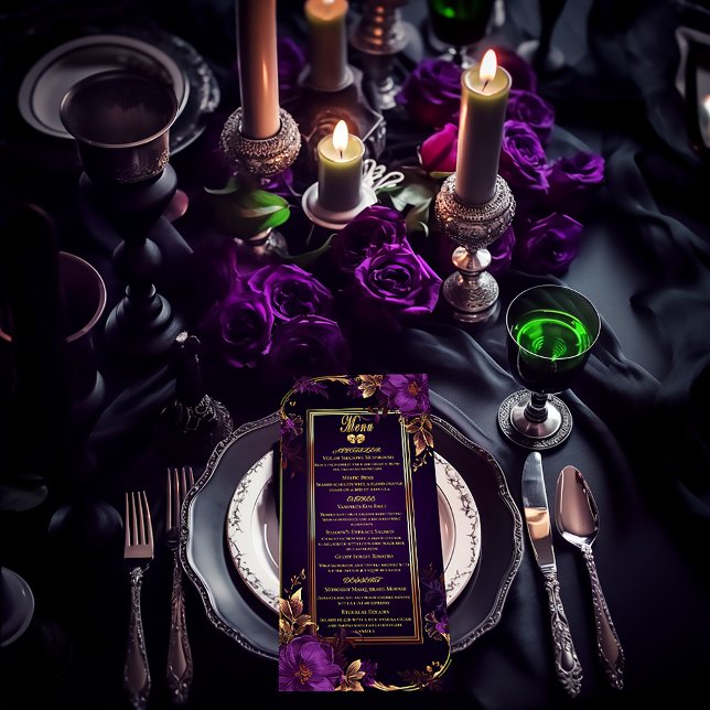 Elegante mystische Gotische Lila- und Goldhochzeit Menükarte (Elegant Vintage Gothic Purple and Gold Stylish Moody Wedding Menu)