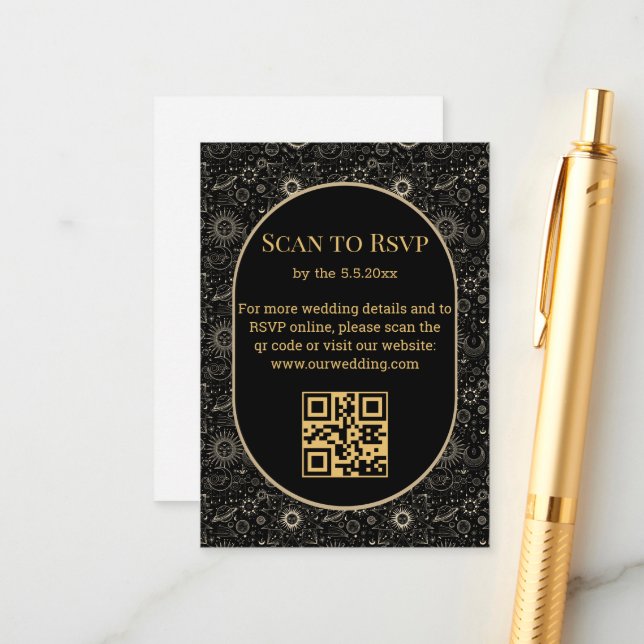 elegante mystische Hochzeit rsvp qr Code schwarz g Begleitkarte (Vorderseite/Rückseite Beispiel)