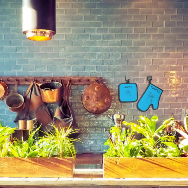 Elegante Name Blume Zeile Schwarz-weiß blau Ofenhandschuh & Topflappen-Set (Von Creator hochgeladen)