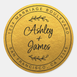 Elegante Namen Gold Wedding Rücksendeadresse Runder Aufkleber