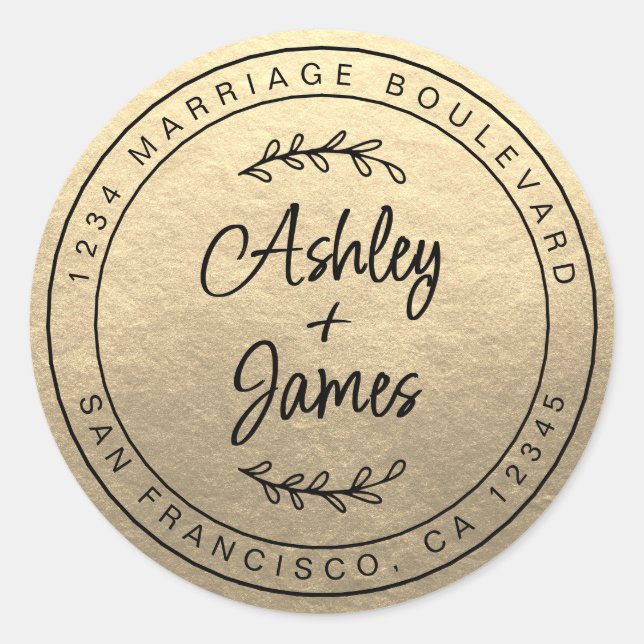 Elegante Namen Gold Wedding Rücksendeadresse Runder Aufkleber (Vorderseite)