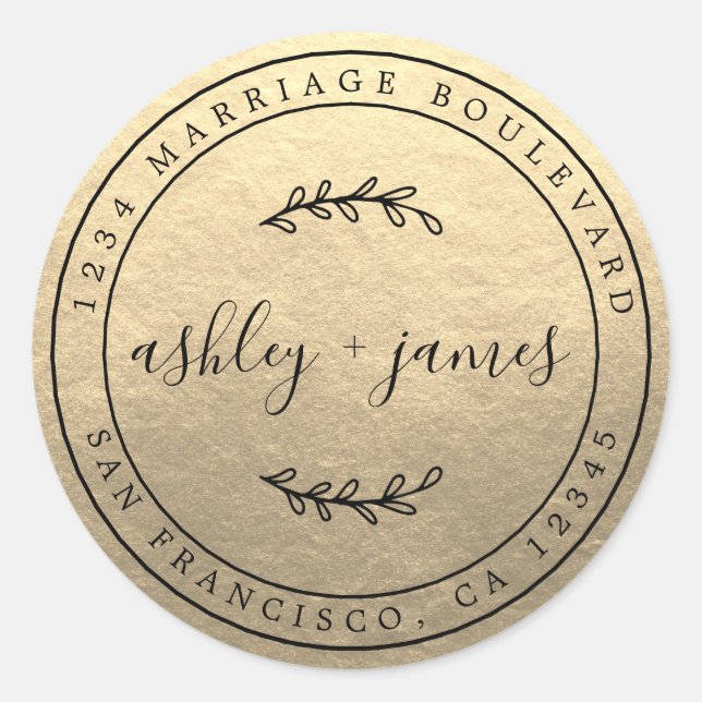 Elegante Namen Gold Wedding Rücksendeadresse Runder Aufkleber (Vorderseite)