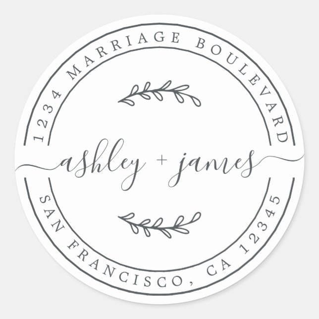 Elegante Namen Schwarz-weiße Hochzeiten Rücksendea Runder Aufkleber (Vorderseite)