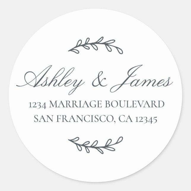 Elegante Namen Schwarz-weiße Hochzeiten Rücksendea Runder Aufkleber (Vorderseite)