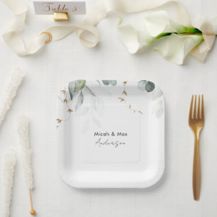 Elegante Namen von Paaren mit Blattwerk in Weiß Pappteller