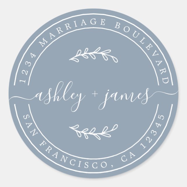 Elegante Names Blue Wedding Rücksendeadresse Runder Aufkleber (Vorderseite)