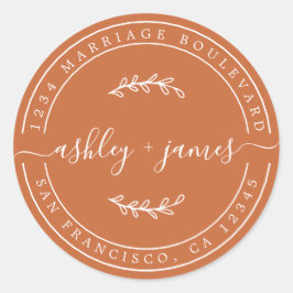 Elegante Names Burnt Orange Wedding Rücksendeadres Runder Aufkleber