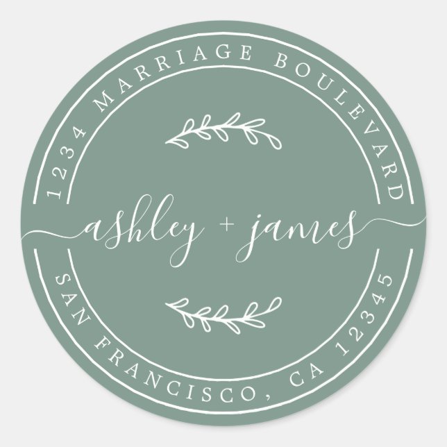 Elegante Names Dusty Green Wedding Rücksendeadress Runder Aufkleber (Vorderseite)