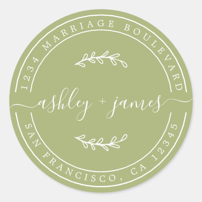 Elegante Names Leaf Green Wedding Rücksendeadresse Runder Aufkleber (Vorderseite)