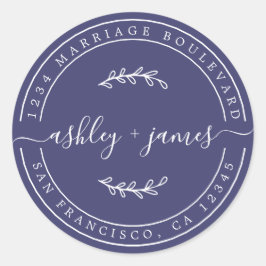 Elegante Names Navy Blue Wedding Rücksendeadresse Runder Aufkleber
