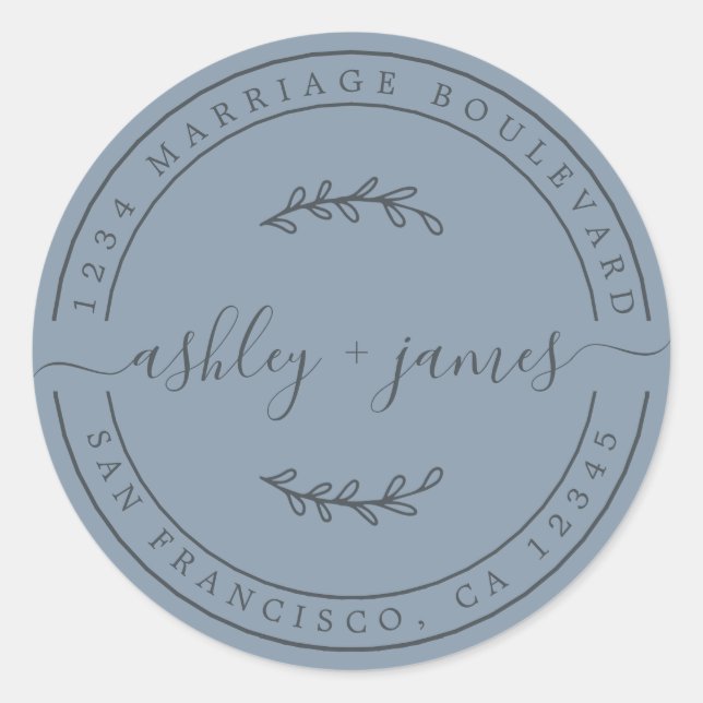 Elegante Names Pastel Blue Wedding Rücksendeadress Runder Aufkleber (Vorderseite)