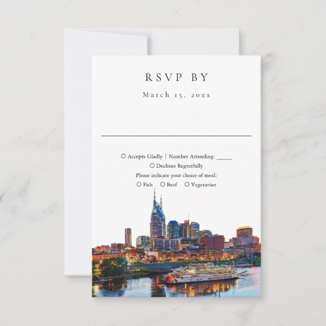 Elegante Nashville Riverfront-Wasserfarben-Hochzei RSVP Karte (Vorderseite)