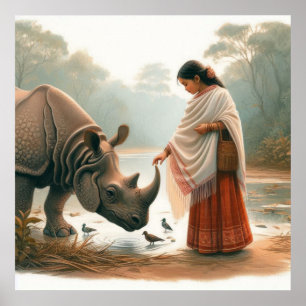 Elegante natürliche Aquarell-Frau-Nashorn-Kunst Poster