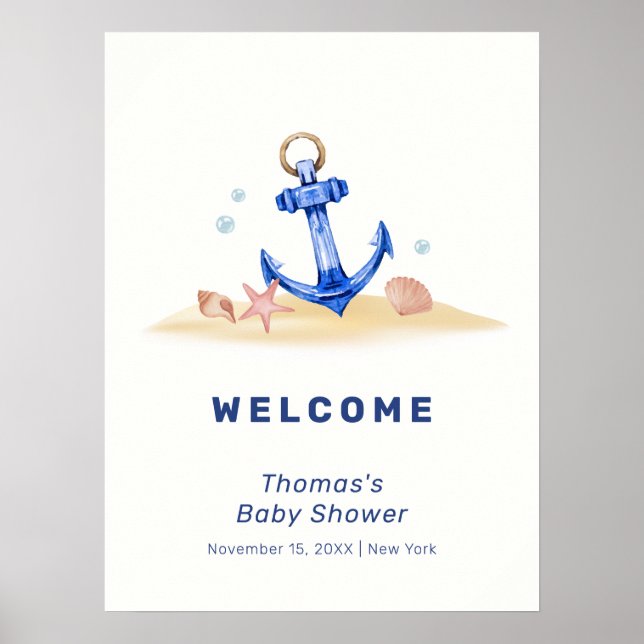 Elegante Nautical Anchor Boy Baby Shower Willkomme Poster (Vorne)