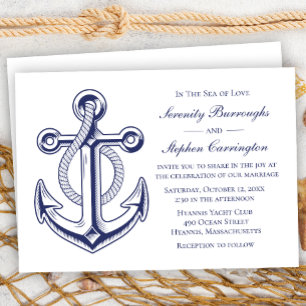 Elegante Nautical Anchor Navy Blue Summer Wedding Einladung