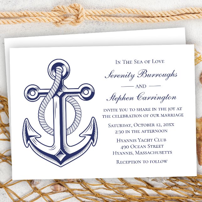 Elegante Nautical Anchor Navy Blue Summer Wedding Einladung (Von Creator hochgeladen)