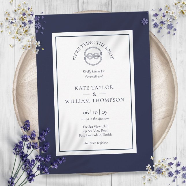 Elegante Nautical Bying The Knot Navy Blue Wedding Einladung (Elegant Nautical Tying The Knot Navy Blue Wedding Invitation)