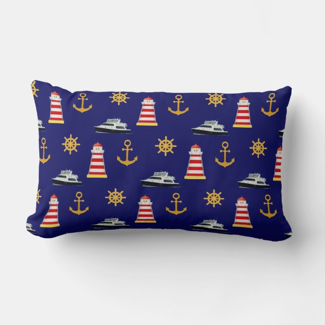 Elegante Nautical Icons auf Navy Blue Lendenkissen (Vorderseite)