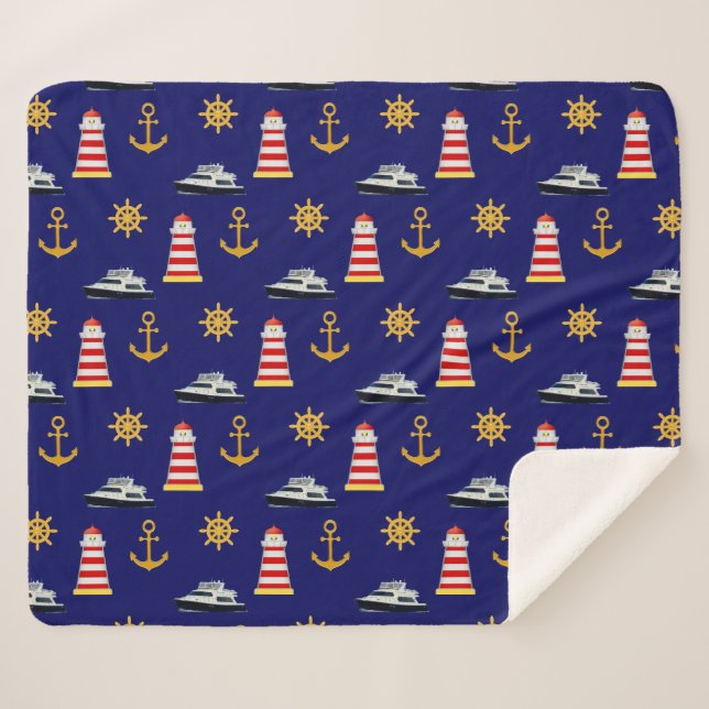 Elegante Nautical Icons auf Navy Blue Sherpadecke (Vorderseite (Horizontal))