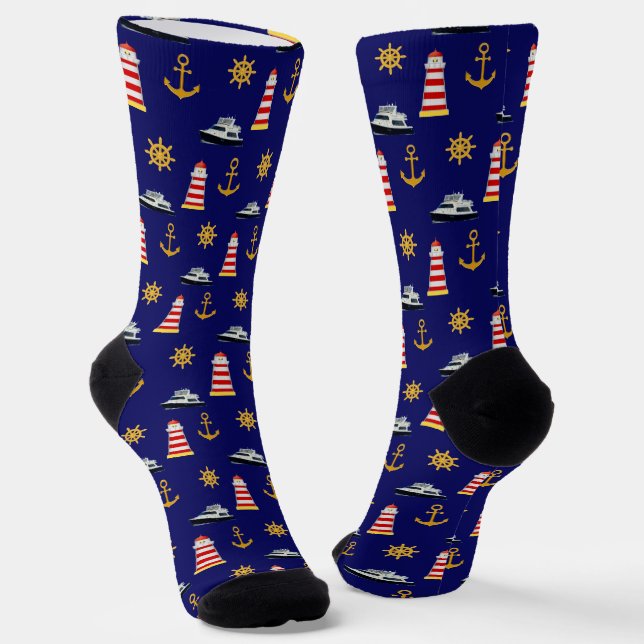 Elegante Nautical Icons auf Navy Blue Socken (Gewinkelt)