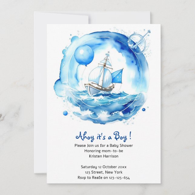 Elegante Nautical Watercolor Boy Baby Shower Einladung (Vorderseite)