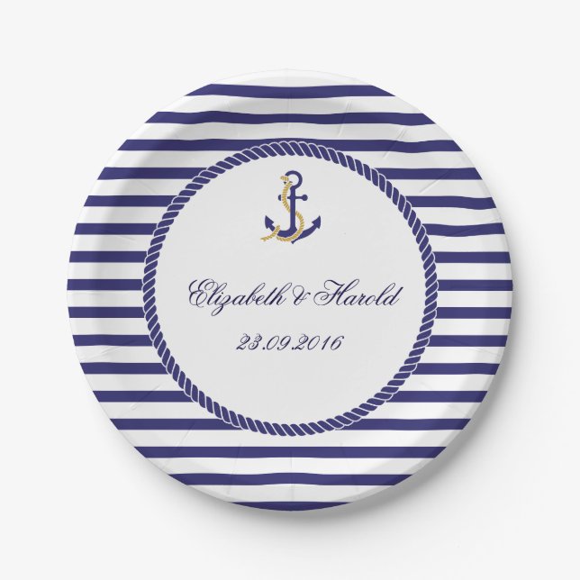 Elegante Nautical Wedding Navy Streifen Pappteller (Vorderseite)