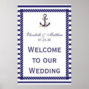 Elegante Nautical Wedding Navy Streifen Willkommen Poster