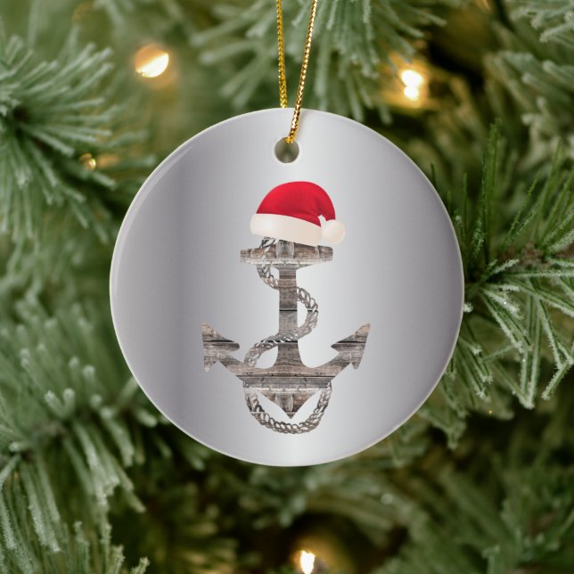 elegante nautische ANCHOR + WEIHNACHTSMANNMÜTZE | Keramik Ornament (Baum)