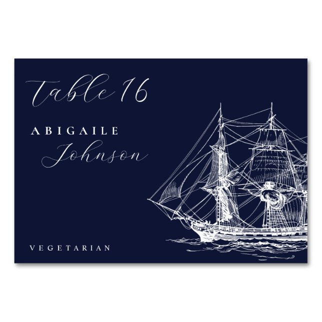 Elegante nautische Schiff Hochzeitsfeier in Navybl Tischnummer (Vorderseite)