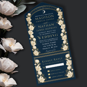 Elegante Navy-Art-Nouveau-Hochzeit All In One Einladung