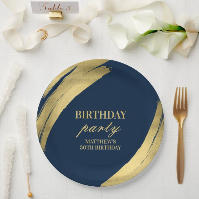 Elegante Navy Birthday Party Gold Foil Paper Plate Pappteller (Hochzeit)