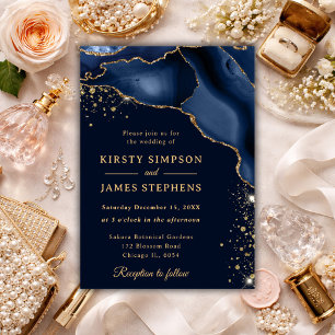 Elegante Navy Blau Achat- und Gold-Hochzeit Einladung