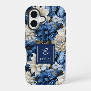 Elegante Navy-Blau-Blumen Luxus-Handyhülle iPhone 16 Hülle