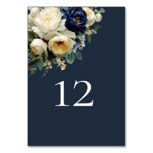 Elegante Navy-Blau-Blumen- und weiße Pfingstrosen- Tischnummer