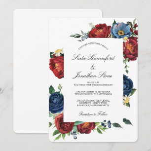 Elegante Navy Blau Burgunderrot Florale Hochzeit Einladung