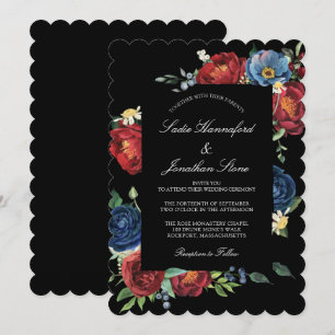 Elegante Navy-Blau-Burgunderrote Florale Hochzeit Einladung