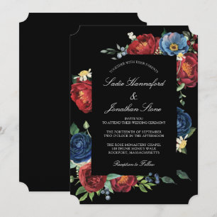 Elegante Navy-Blau-Burgunderrote Florale Hochzeit Einladung
