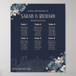 Elegante Navy-Blau-Floral-Hochzeits-Sitzplan Poster