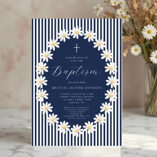 Elegante Navy-Blau Florale Taufe für Jungen Einladung