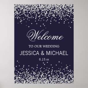 Elegante Navy-Blau funkelnde Silber Glitter Hochze Poster