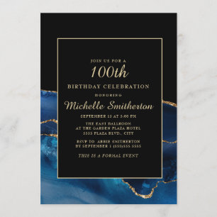 Elegante Navy Blau Gold Achat Marmor 100. Geburtst Einladung