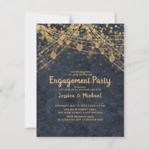 Elegante Navy Blau Gold Lichterkette Verlobung Einladung