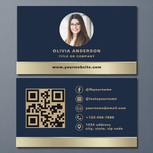 Elegante Navy-Blau-Gold-Logo-QR-Code-Foto Visitenkarte