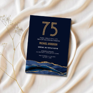 Elegante Navy Blau Goldene 75. Geburtstagsfeier Einladung