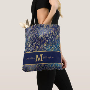 Elegante Navy Blau Goldene Blätter Monogramm Name