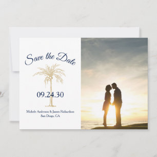 Elegante Navy Blau Goldene Palme Hochzeitsfoto Save The Date