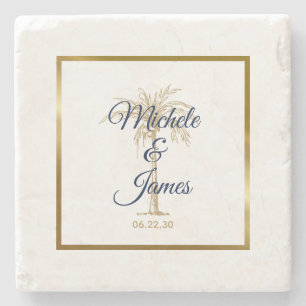 Elegante Navy-Blau-Goldene-Palmen-Moderne-Hochzeit Steinuntersetzer