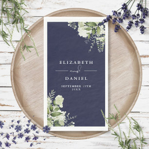 Elegante Navy-Blau-Grün-Pflanzen-Hochzeit Serviette