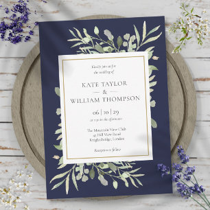 Elegante Navy-Blau-Grünpflanzen-Hochzeit Einladung